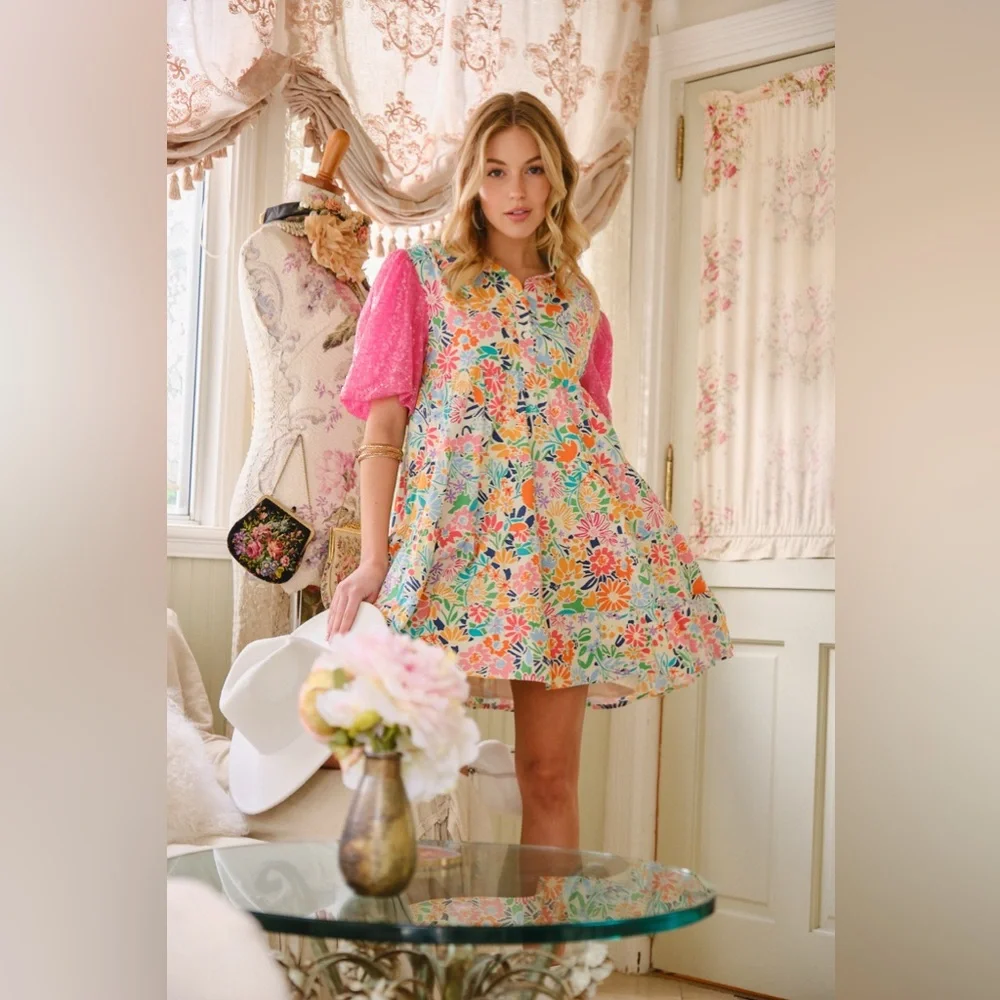 081 • Jolene Baby Doll Cotton Dress | Pink Puff Sequined Sleeve - Picture 6 of 7